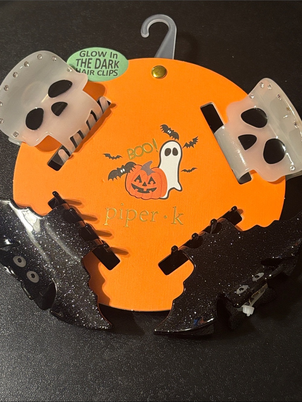 Piper K Halloween Hair Accessories. Glow in the dark Bat and Skull Hairclips